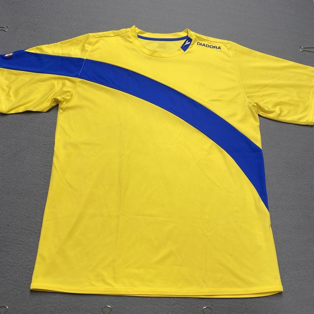 VTG Diadora Shirt Mens‎ XL Yellow Blue Colorblock Soccer Jersey Lightweight y2k
